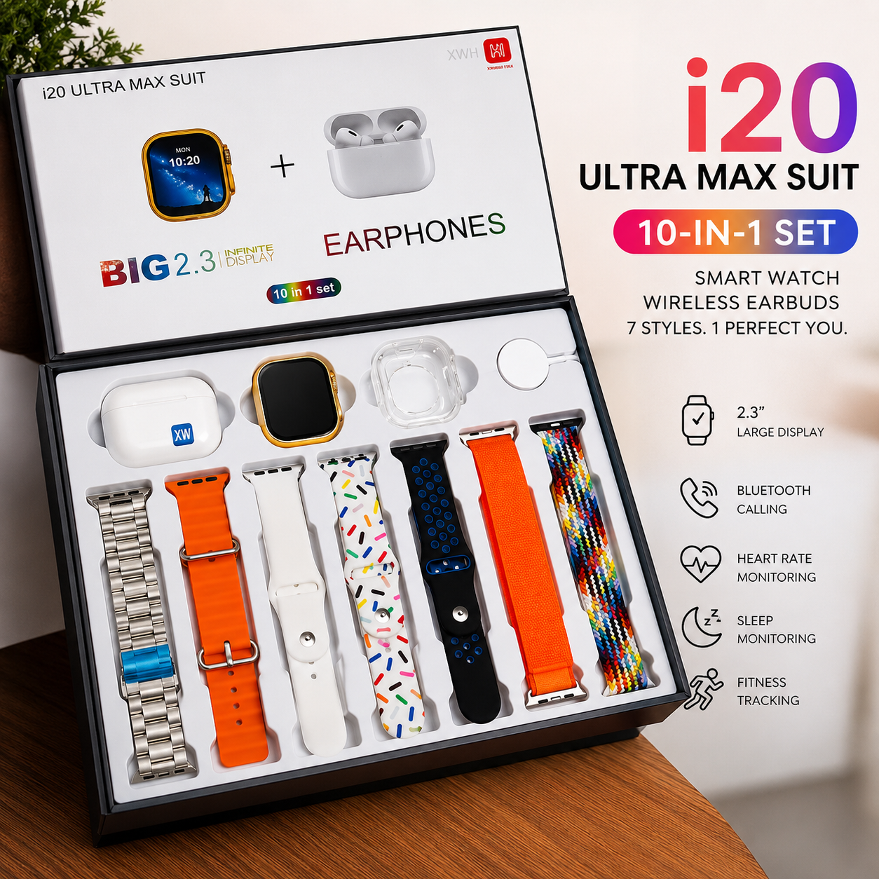 i20 Ultra Max Suit Smartwatch 10-in-1 | 7 Straps & Wireless Earbuds