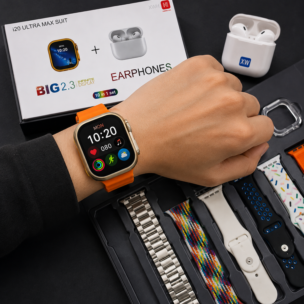 i20 Ultra Max Suit Smartwatch 10-in-1 | 7 Straps & Wireless Earbuds
