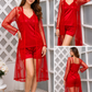 3-Piece Luxurious Silk & Black Lace Sleepwear Set for Women – Top, Shorts & Gown Nightwear (Free Size)