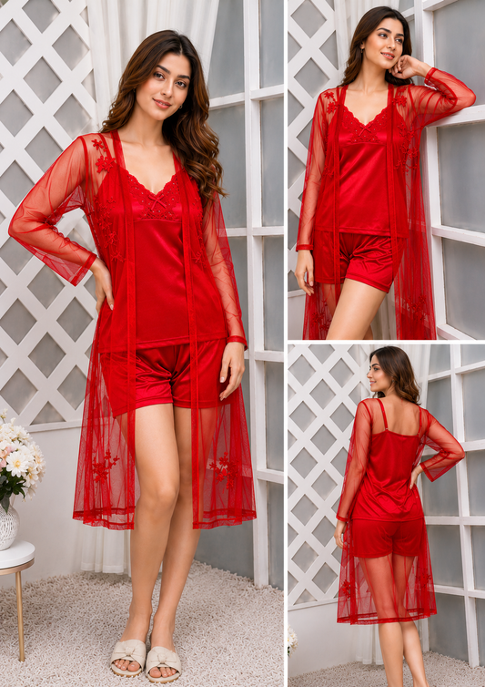 3-Piece Luxurious Silk & Black Lace Sleepwear Set for Women – Top, Shorts & Gown Nightwear (Free Size)