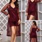 3-Piece Luxurious Silk & Black Lace Sleepwear Set for Women – Top, Shorts & Gown Nightwear (Free Size)