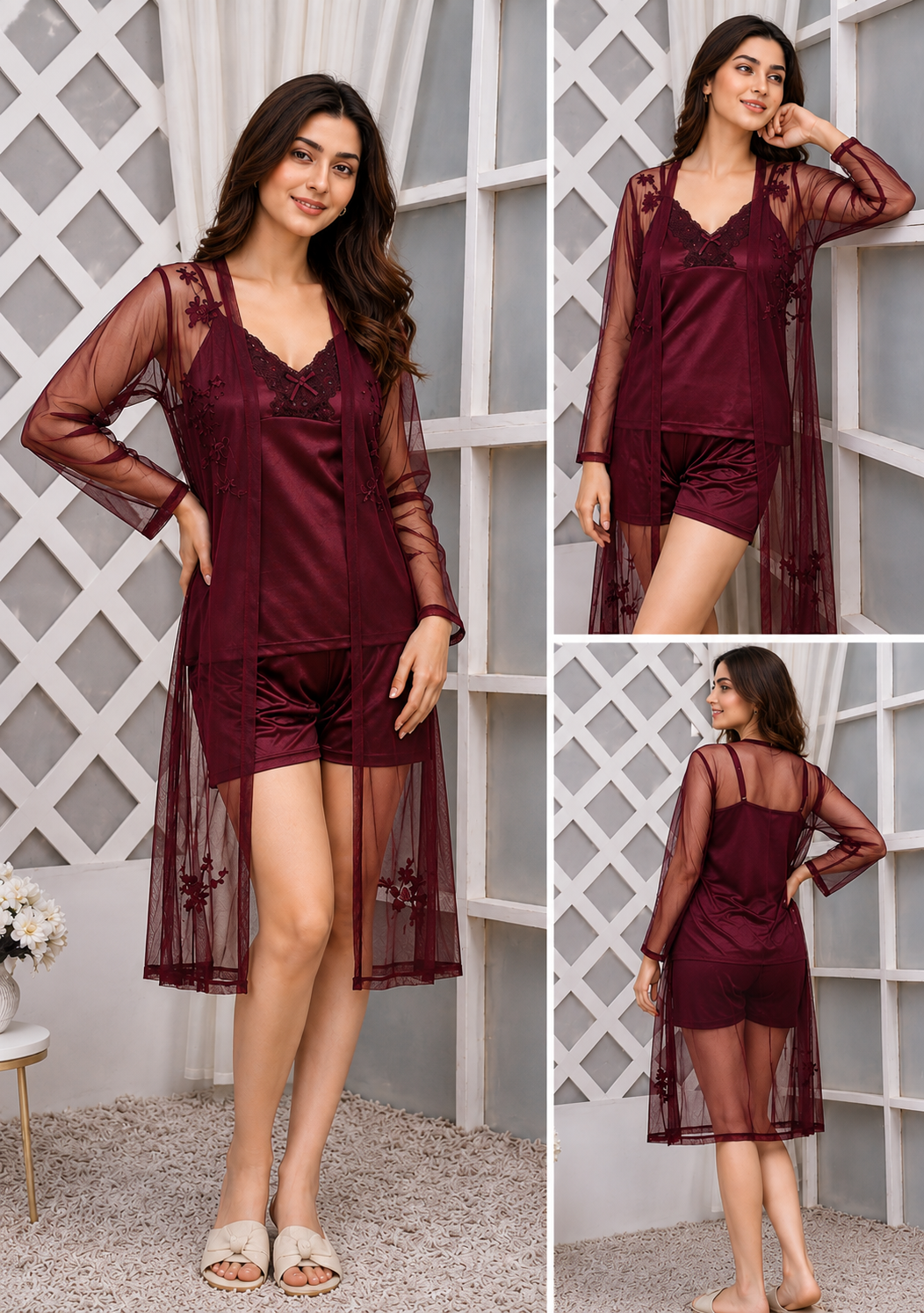 3-Piece Luxurious Silk & Black Lace Sleepwear Set for Women – Top, Shorts & Gown Nightwear (Free Size)