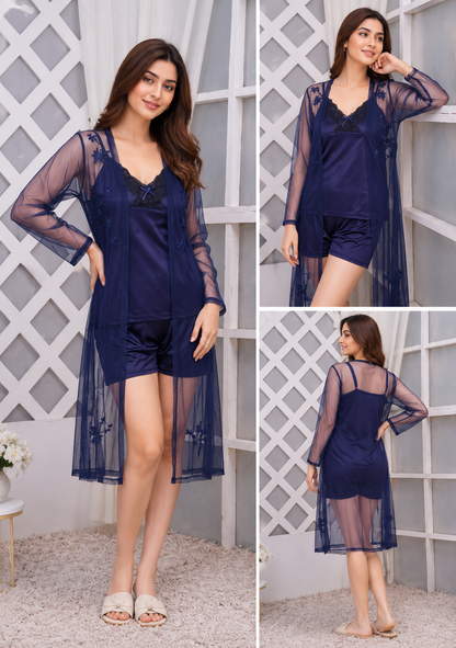 3-Piece Luxurious Silk & Black Lace Sleepwear Set for Women – Top, Shorts & Gown Nightwear (Free Size)