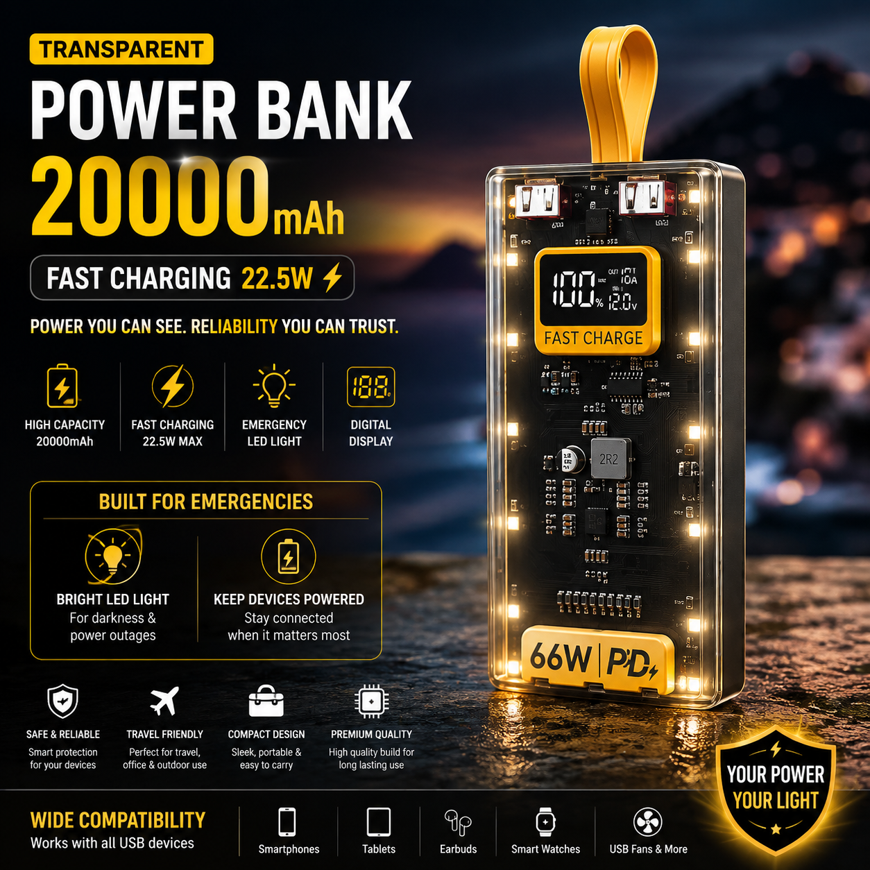 Transparent 20000mAh Fast Charging Power Bank – with Emergency LED Light