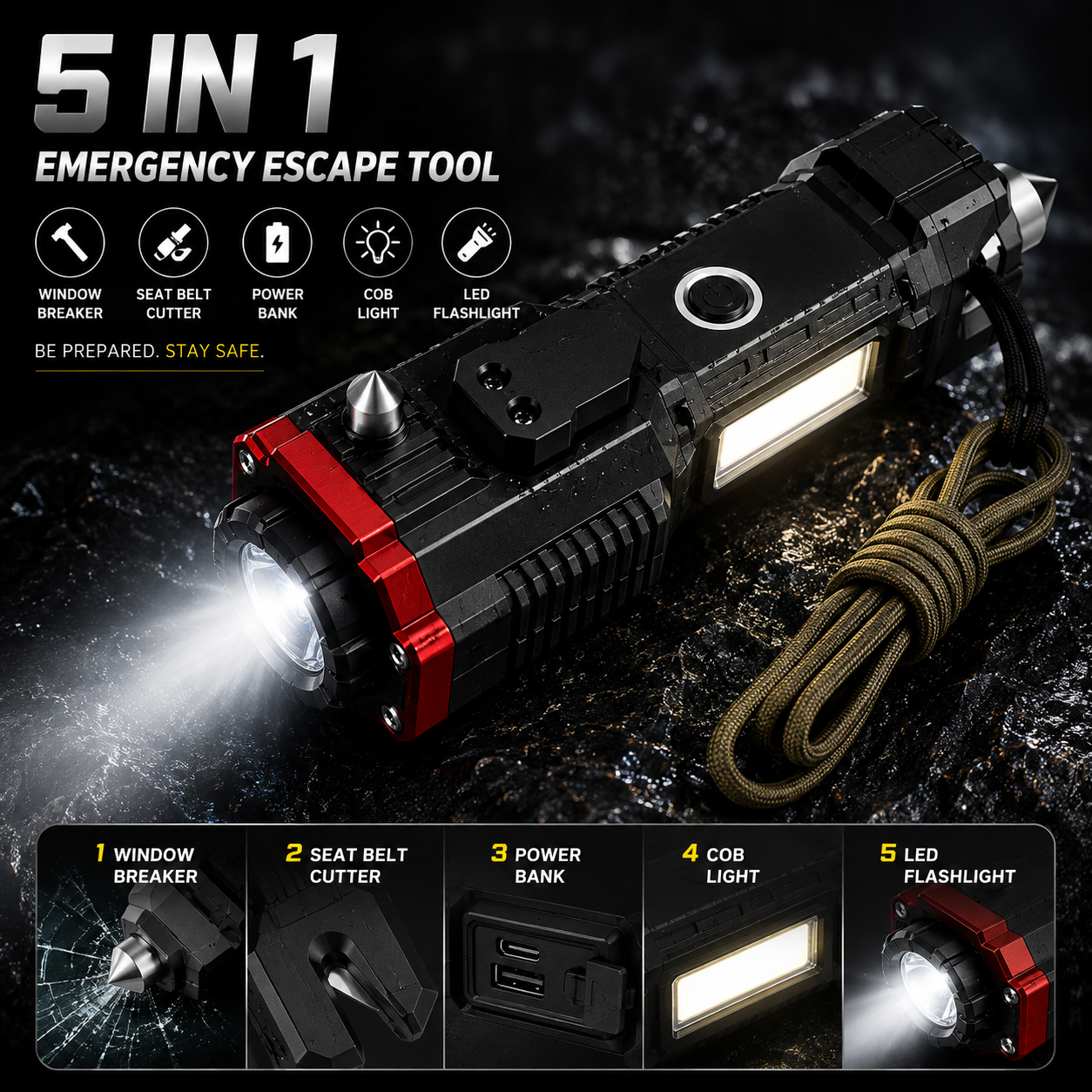 5-in-1 Emergency Escape Torch | Power Bank, Window Breaker & LED Flashlight