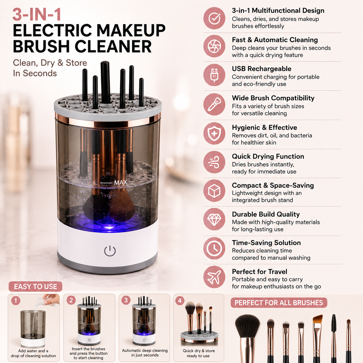 3-in-1 Electric Makeup Brush Cleaner | Automatic Brush Washer, Dryer & Storage