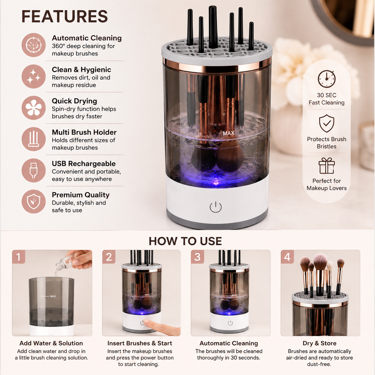 3-in-1 Electric Makeup Brush Cleaner | Automatic Brush Washer, Dryer & Storage