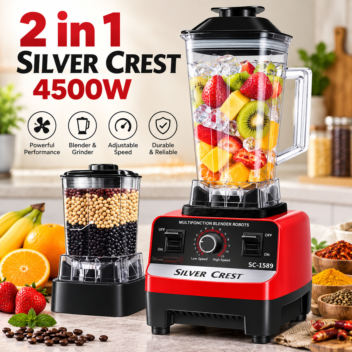 Silver Crest SC-1589 2-in-1 High-Power Blender – Multi-Function Blender &amp; Grinder
