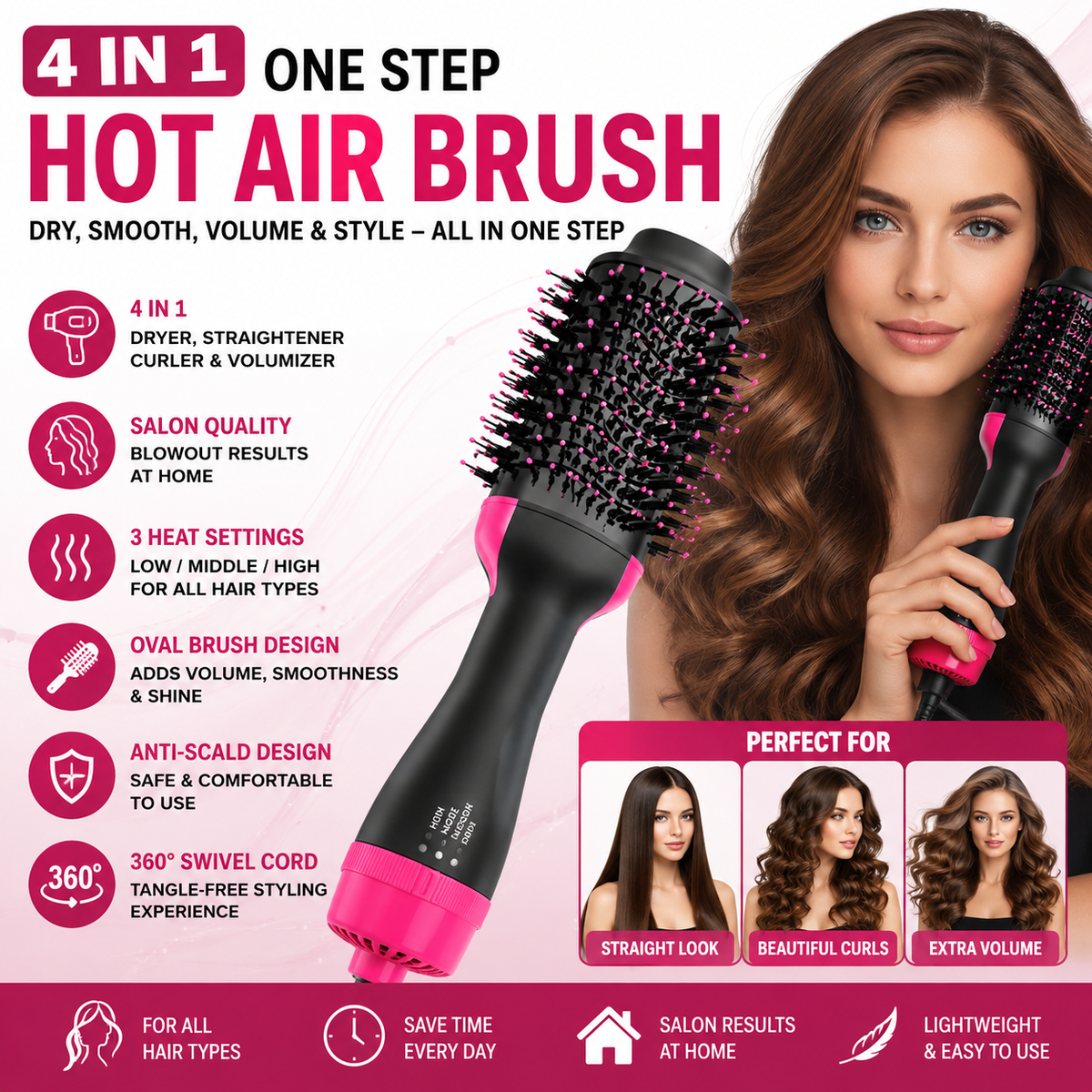 One Step 4-in-1 Hot Air Brush – Hair Dryer, Straightener, Curler & Volumizer