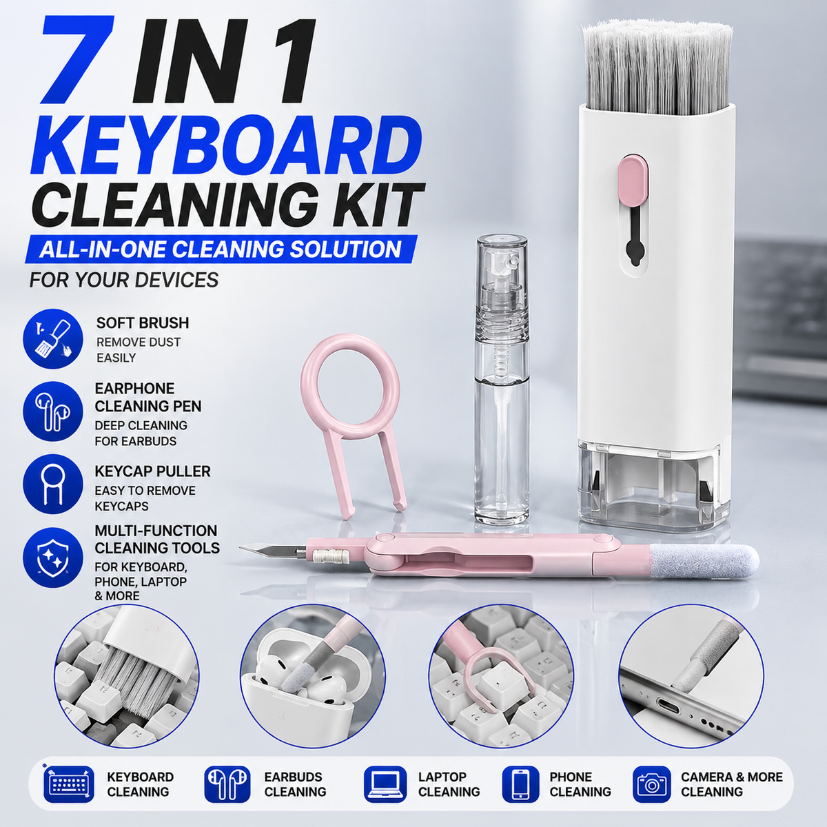 7-in-1 keyboard cleaning kit for keyboard earbuds laptop phone and camera